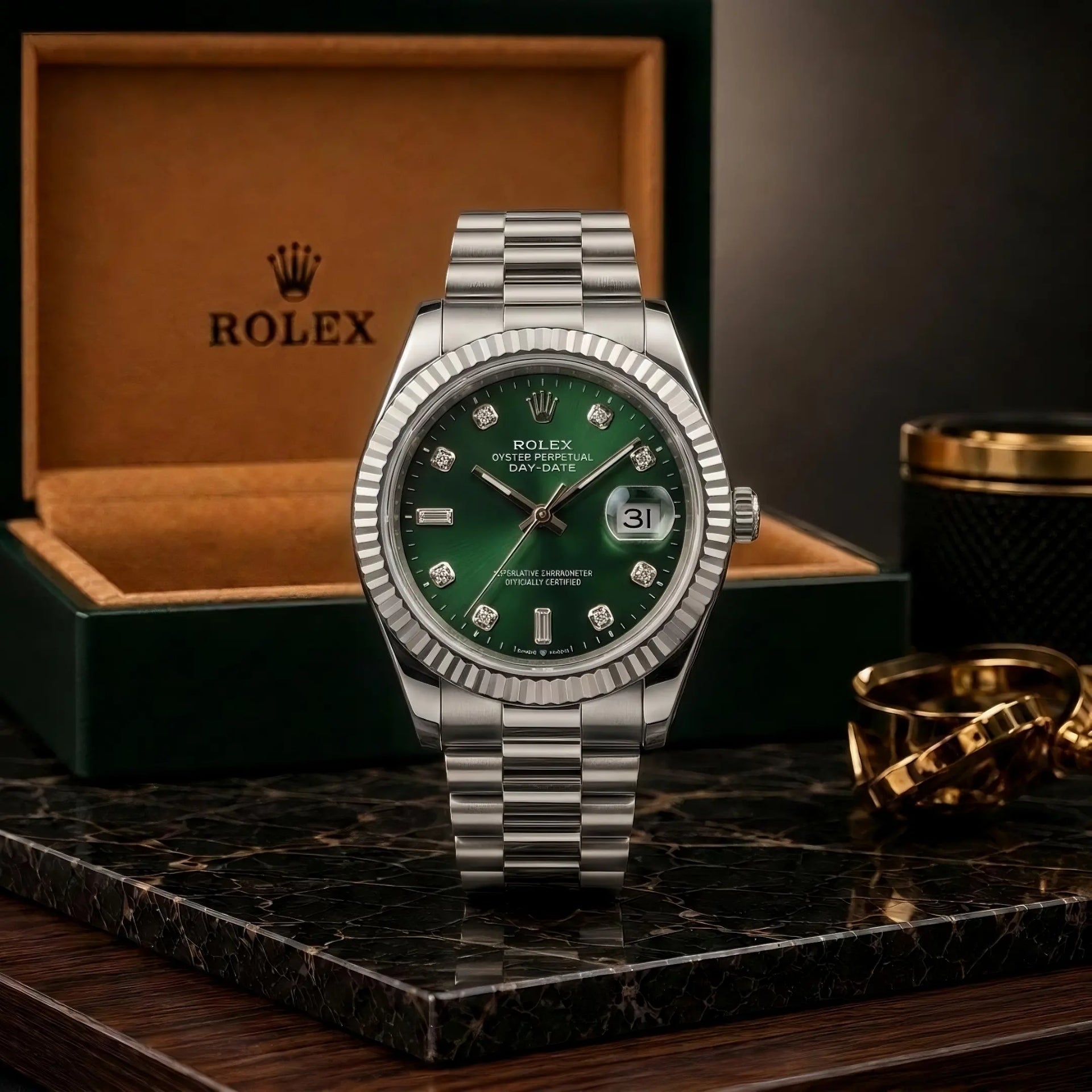 Rolex Oyster Style Silver Chain With Green Dial With Premium Packaging