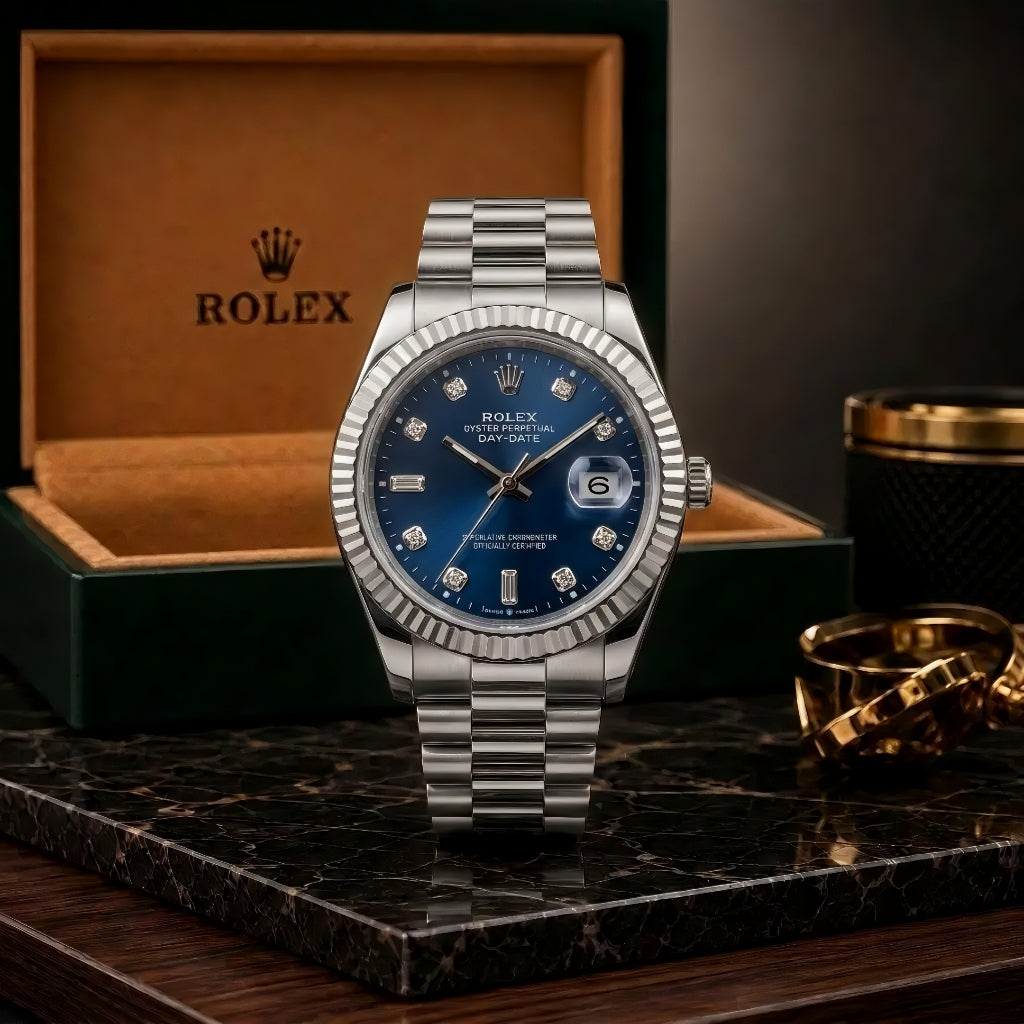 Rolex Oyster Style Silver Chain With Blue Dial With Premium Packaging