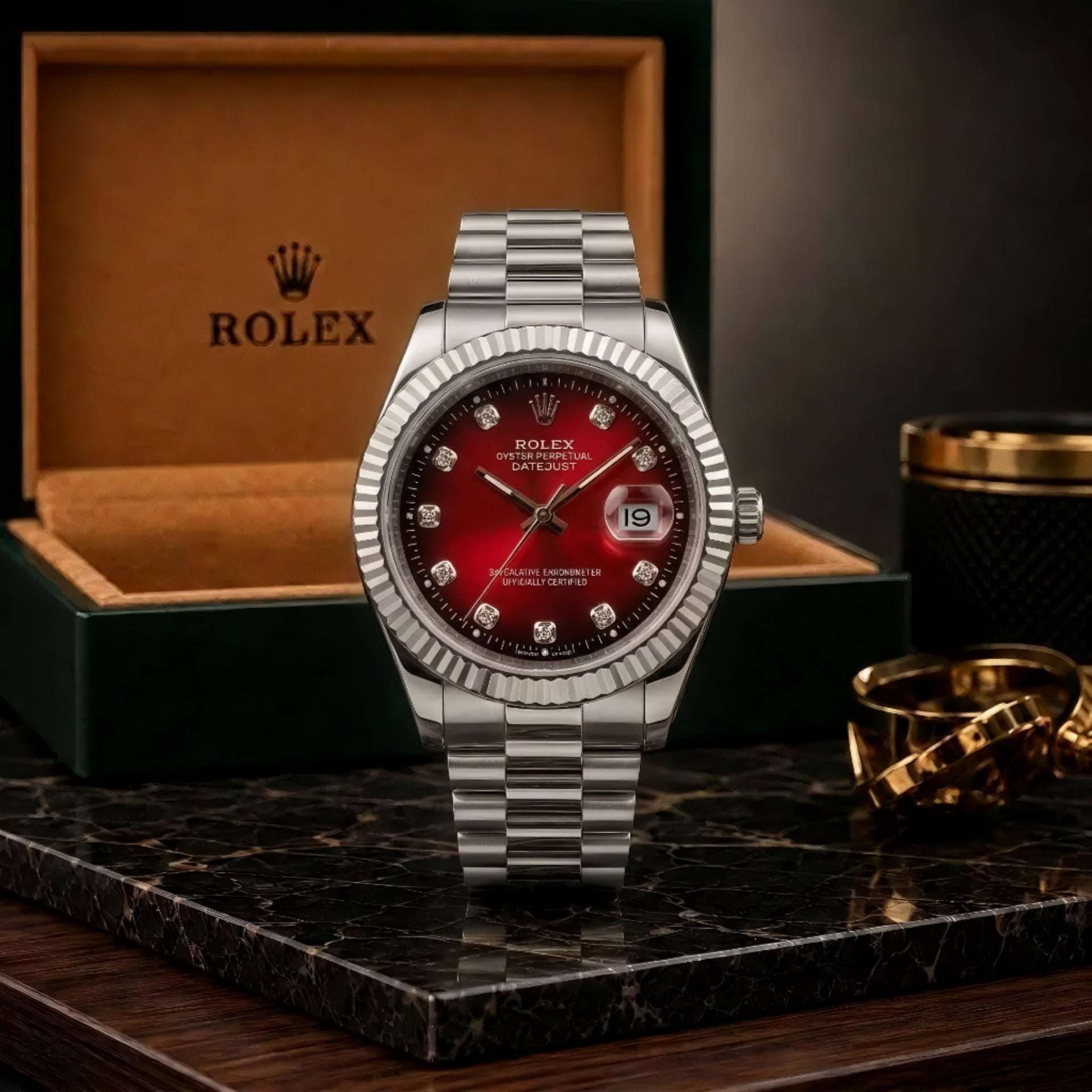 Rolex Oyster Style Silver Chain With Ruby Red Dial With Premium Packaging