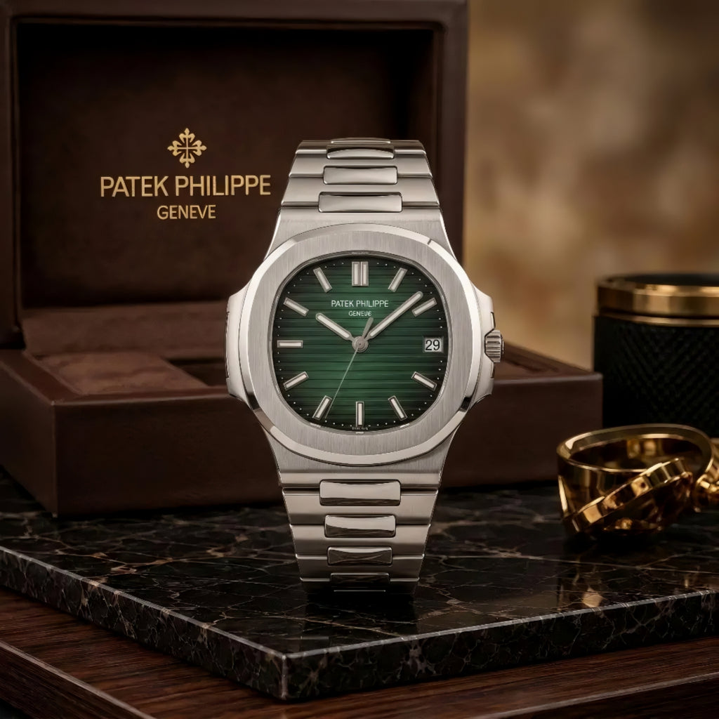 Patek Philippe Nautilus Silver Chain With Green Dial With Premium Packaging