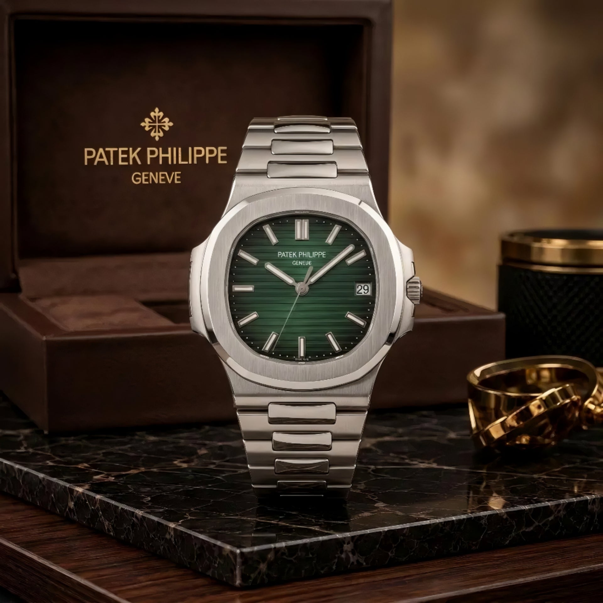 Patek Philippe Nautilus Silver Chain With Green Dial With Premium Packaging