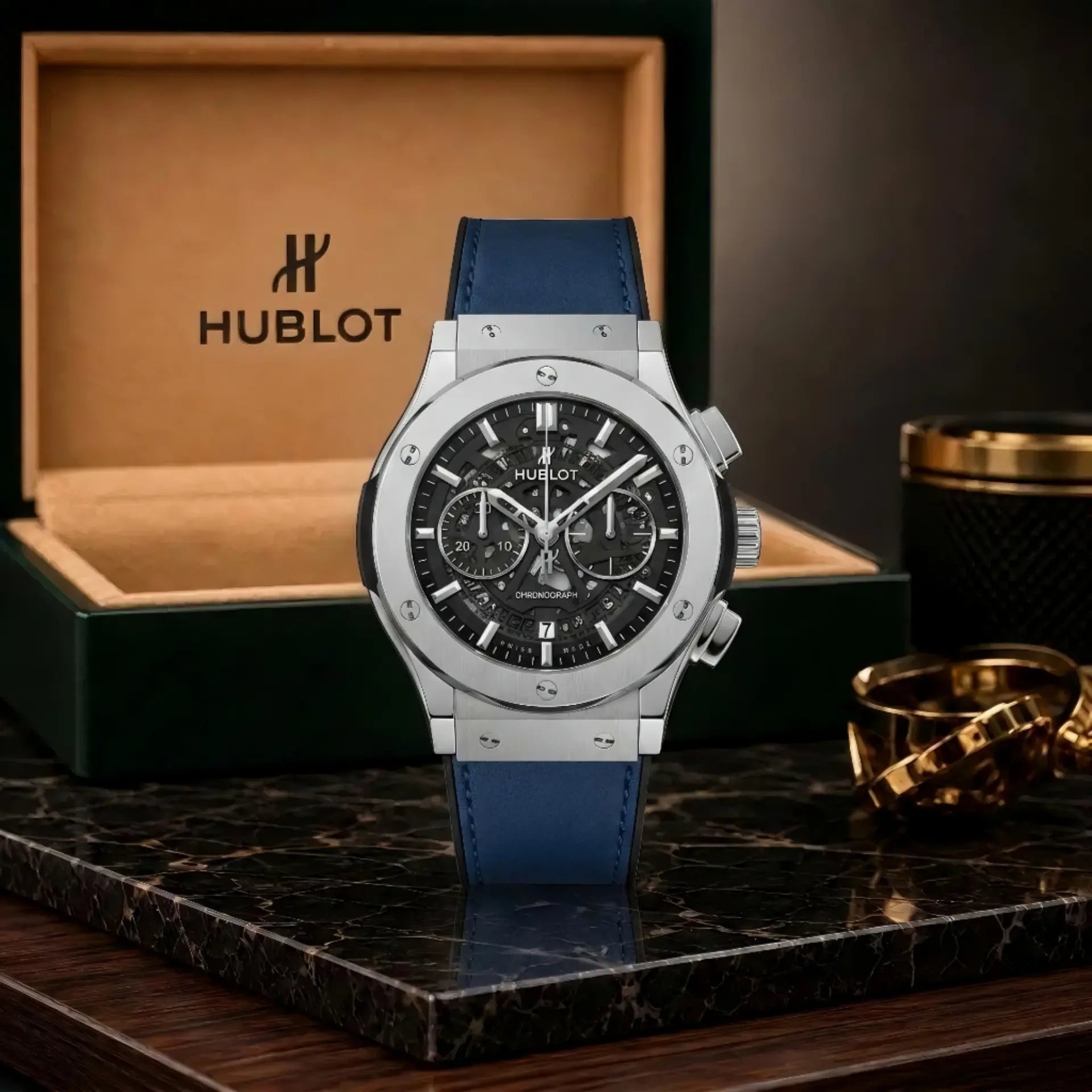 Hublot Classic Fusion Silver Case With Blue Leather Strap & Black Skeleton Dial With Premium Packaging