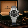 Hublot Classic Fusion Silver Case With Grey Leather Strap & Black Skeleton Dial With Premium Packaging
