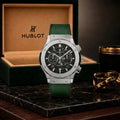 Hublot Classic Fusion Silver Case With Green Leather Strap & Black Skeleton Dial With Premium Packaging