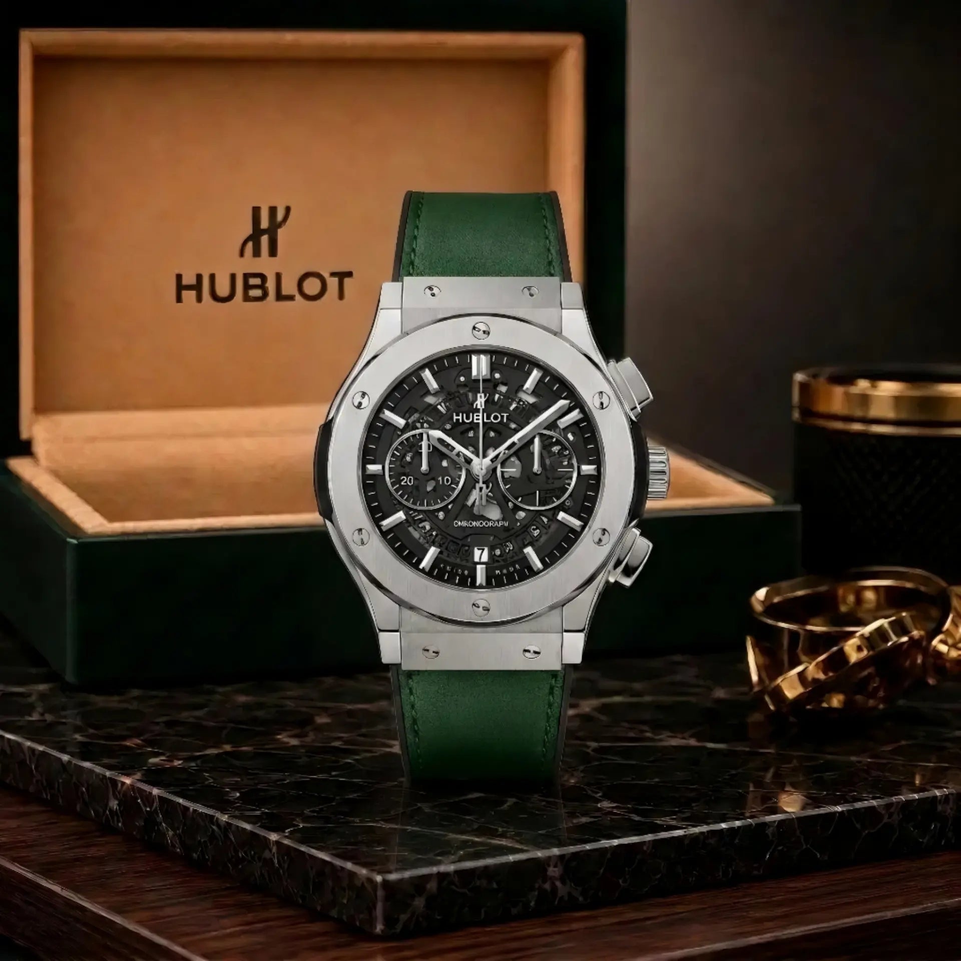 Hublot Classic Fusion Silver Case With Green Leather Strap & Black Skeleton Dial With Premium Packaging