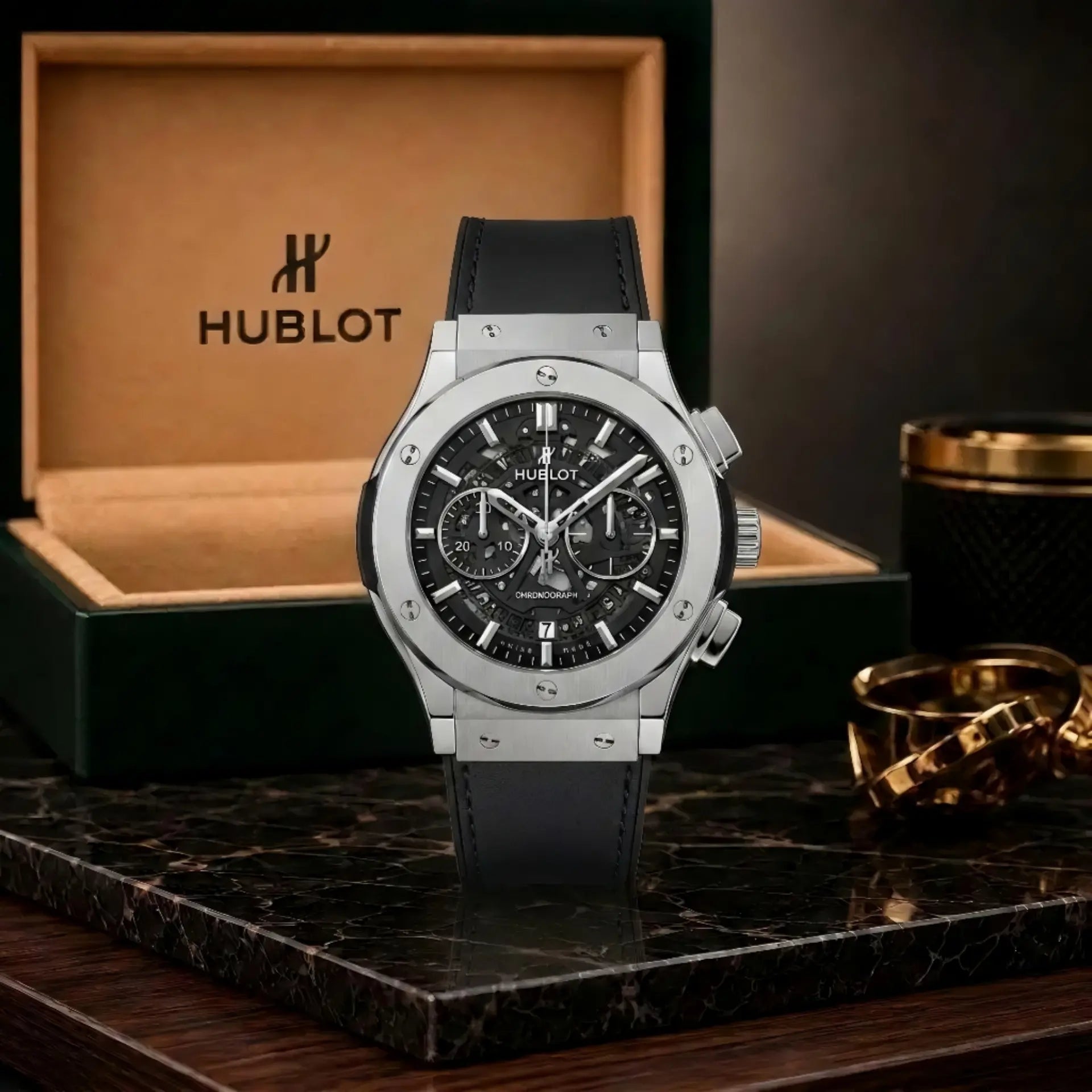 Hublot Classic Fusion Silver Case With Black Leather Strap & Black Skeleton Dial With Premium Packaging