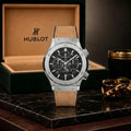 Hublot Classic Fusion Silver Case With Brown Leather Strap & Black Skeleton Dial With Premium Packaging