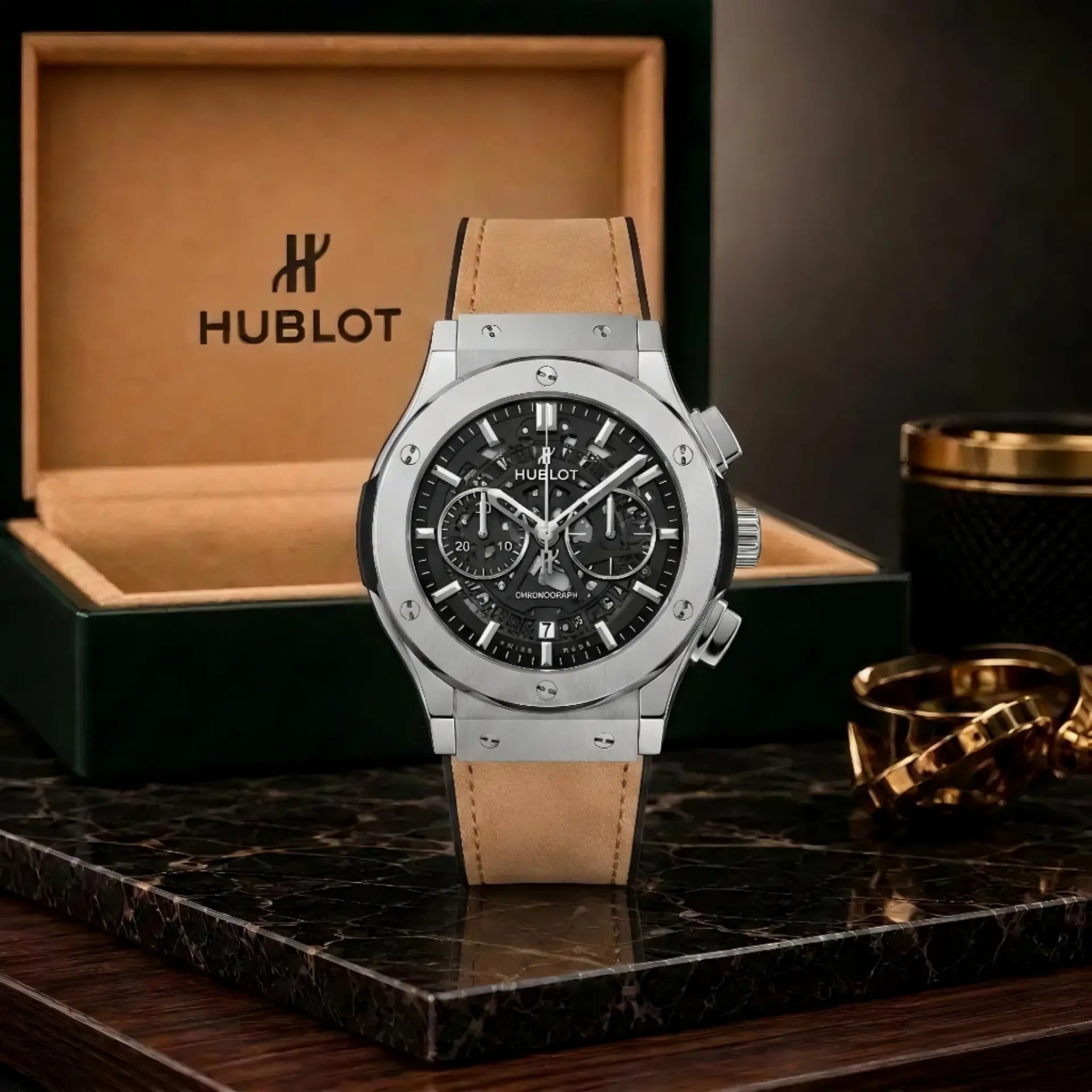 Hublot Classic Fusion Silver Case With Brown Leather Strap & Black Skeleton Dial With Premium Packaging